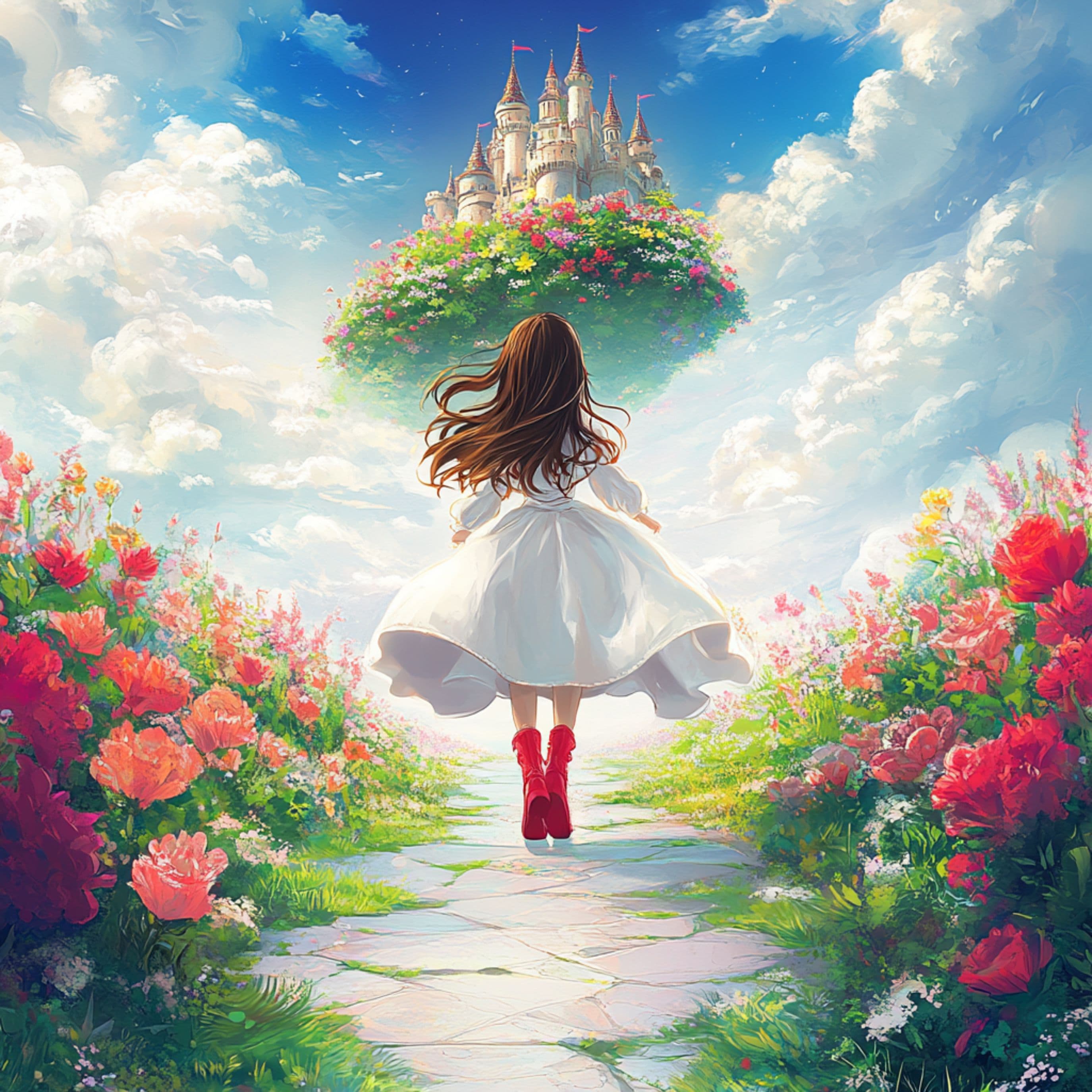 Luna walking towards the Cloud Castle through a magical flower path