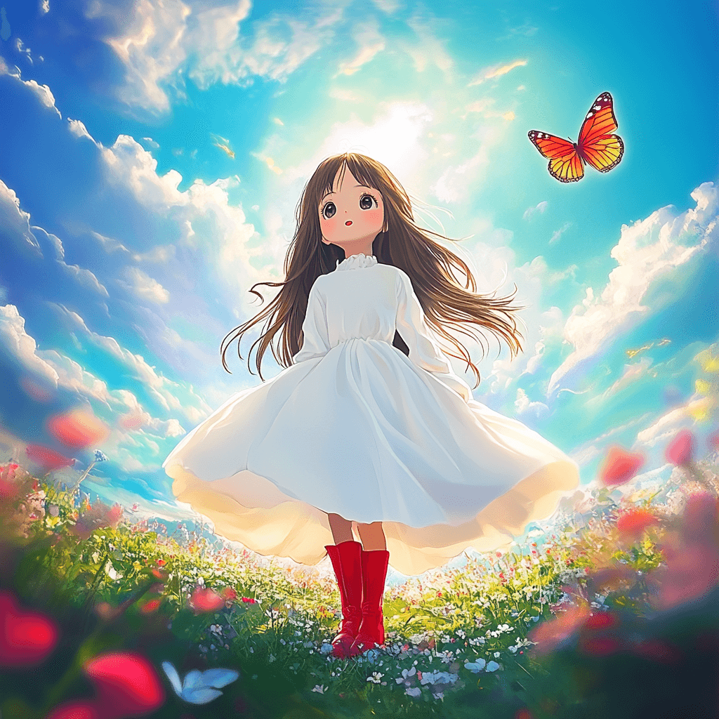 Luna standing in a magical meadow with butterflies