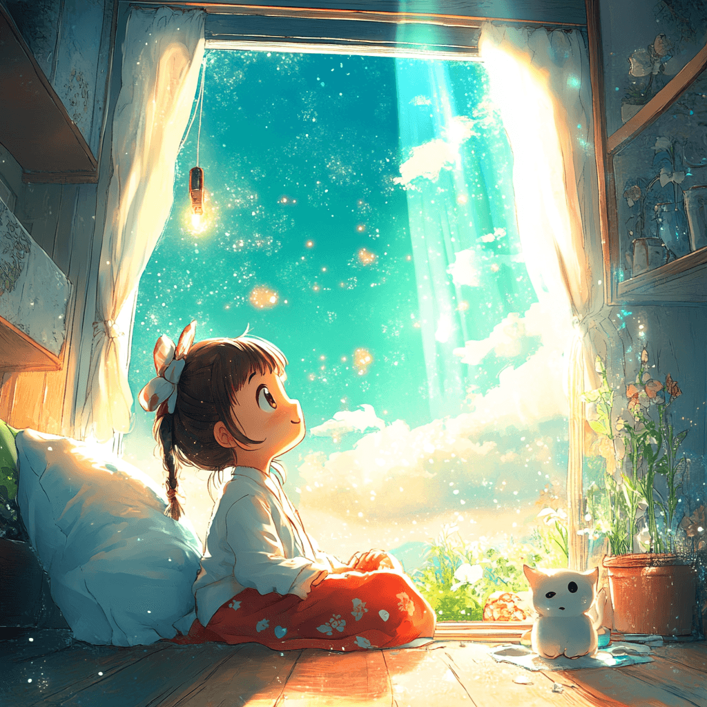 A child gazing out the window at the magical world